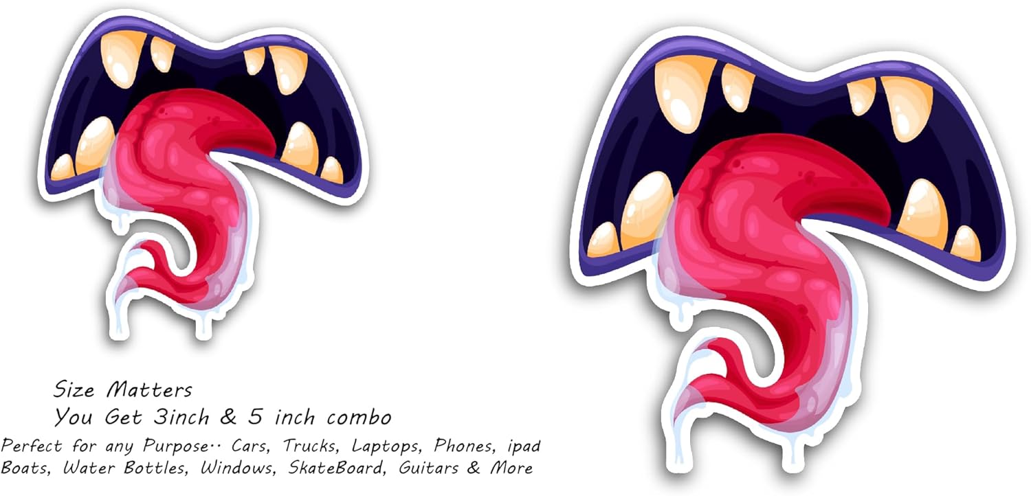 2 (Pieces) 3" and 5" Monster Open Mouth with Violet Lips Sticker, Waterproof Vinyl Decals for Many Purpose Like Cars, Trucks, Laptops, Phones, Windows and More