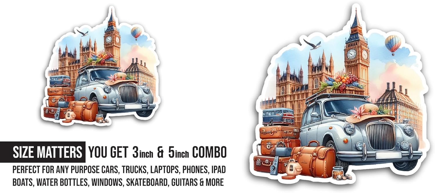 2 (Pieces) 3" and 5" Car in London Sticker, Waterproof Vinyl Decals for Many Purpose Like Cars, Trucks, Laptops, Phones, Windows and More