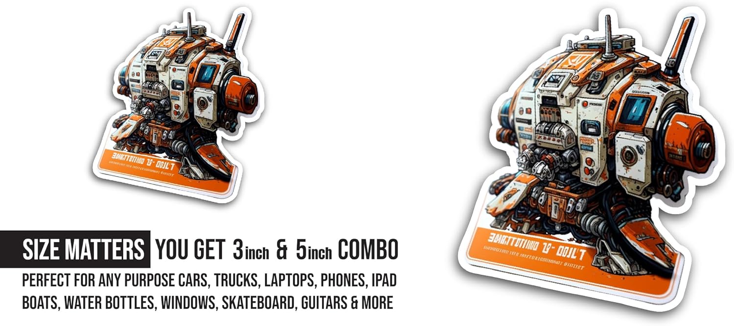 2 (Pieces) 3" and 5" Robot Machine Sticker, Waterproof Vinyl Decals for Many Purpose Like Cars, Trucks, Laptops, Phones, Windows and More