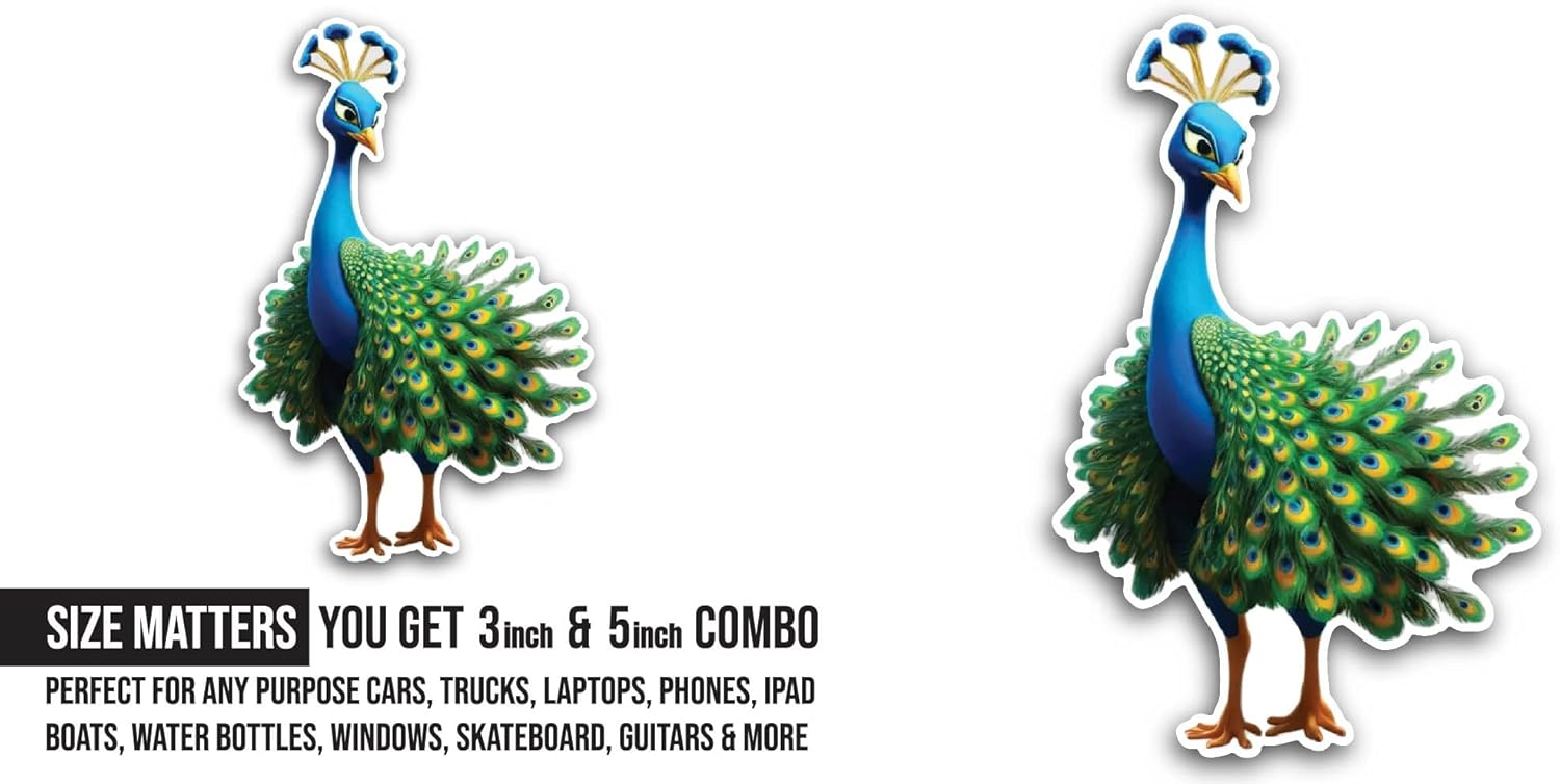 2 (Pieces) 3" and 5" Cartoon Peacock Sticker, Waterproof Vinyl Decals for Many Purpose Like Cars, Trucks, Laptops, Phones, Windows and More