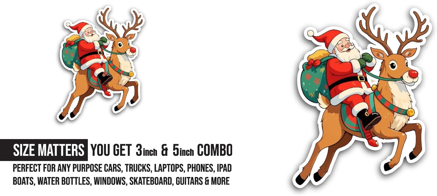 2 (Pieces) 3" and 5" Santa Claus Riding A Deer Sticker, Waterproof Vinyl Decals for Many Purpose Like Cars, Trucks, Laptops, Phones, Windows and More