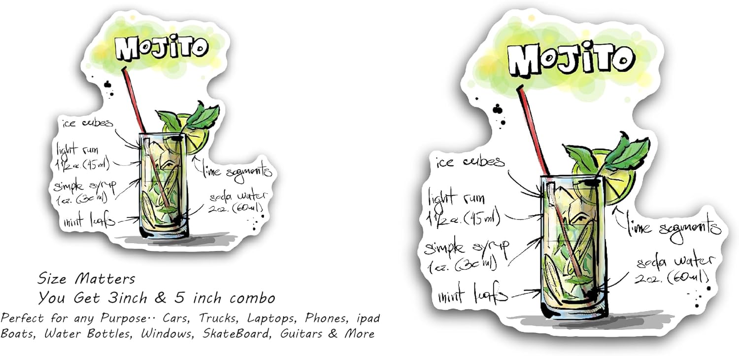 2 (Pieces) 3" and 5" Mojito Cocktail Sticker, Waterproof Vinyl Decals for Many Purpose Like Cars, Trucks, Laptops, Phones, Windows and More