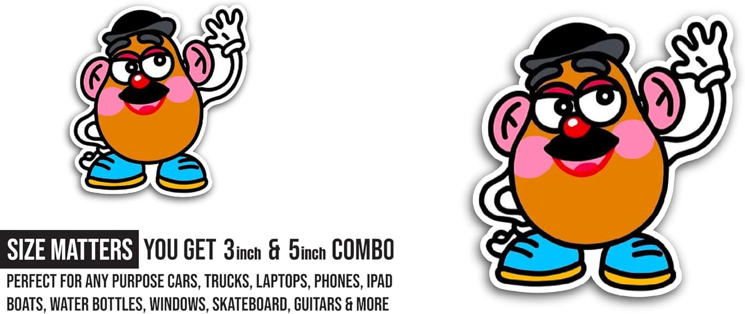 2 (Pieces) 3" and 5" Cartoon Potato Sticker, Waterproof Vinyl Decals for Many Purpose Like Cars, Trucks, Laptops, Phones, Windows and More