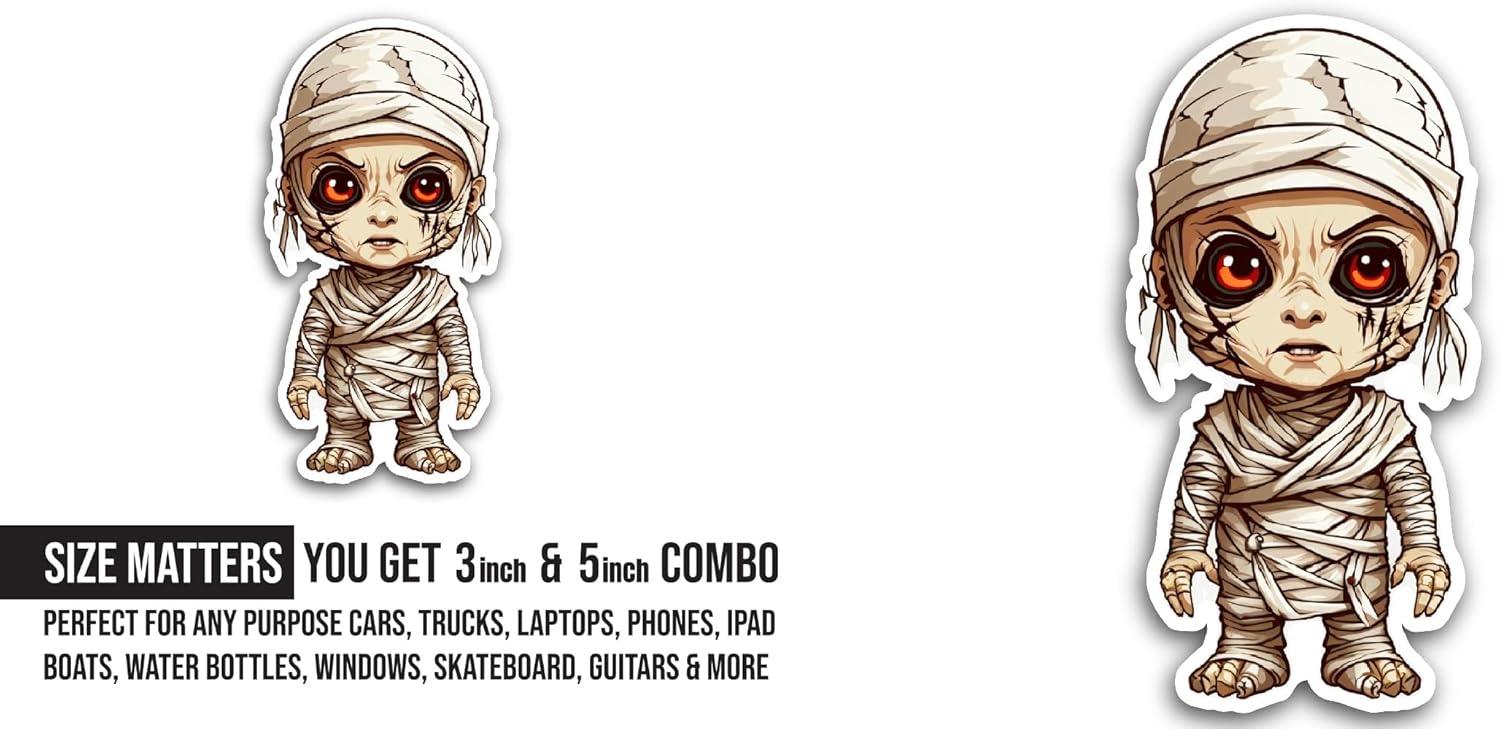 2 (Pieces) 3" and 5" Halloween Mummy Sticker, Waterproof Vinyl Decals for Many Purpose Like Cars, Trucks, Laptops, Phones, Windows and More