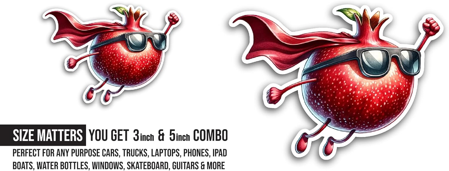 2 (Pieces) 3" and 5" Cartoon Pomegranate Sticker, Waterproof Vinyl Decals for Many Purpose Like Cars, Trucks, Laptops, Phones, Windows and More