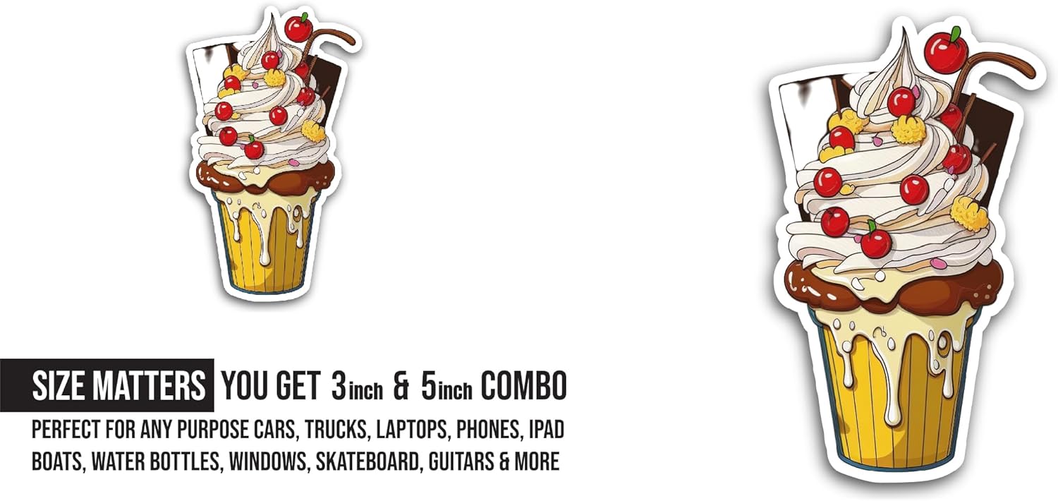2 (Pieces) 3" and 5" Ice Cream Sundae Sticker, Waterproof Vinyl Decals for Many Purpose Like Cars, Trucks, Laptops, Phones, Windows and More