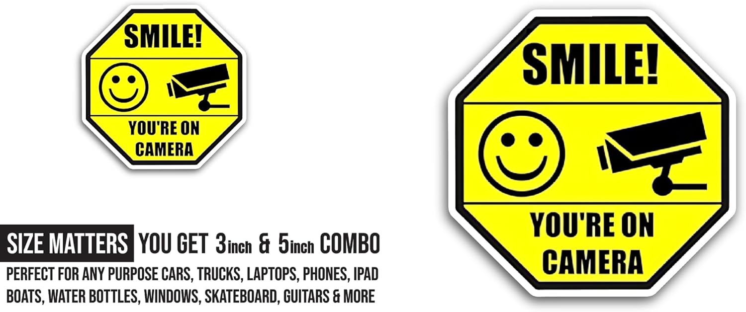 2 (Pieces) 3" and 5" Smile You’re On Camera Sticker, Waterproof Vinyl Decals for Many Purpose Like Cars, Trucks, Laptops, Phones, Windows and More