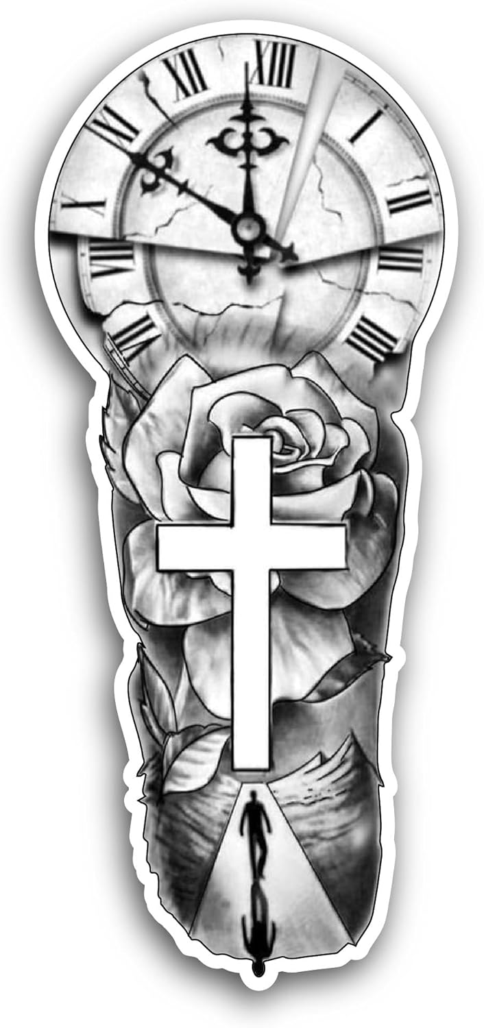 2 (Pieces) 3" and 5" Cross and Rose with Clock Sticker, Waterproof Vinyl Decals for Many Purpose Like Cars, Trucks, Laptops, Phones, Windows and More
