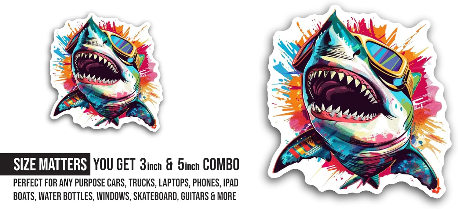 2 (Pieces) 3" and 5" Colorful Shark Sticker, Waterproof Vinyl Decals for Many Purpose Like Cars, Trucks, Laptops, Phones, Windows and More