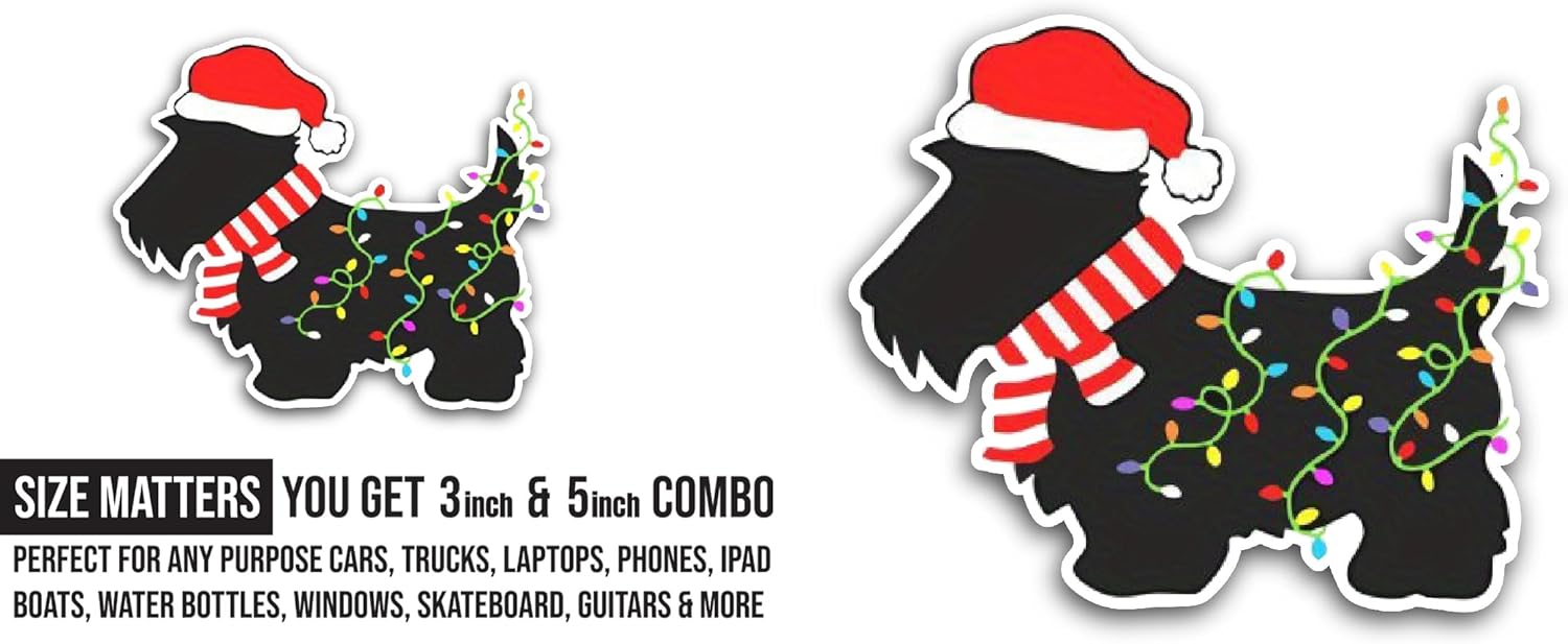 2 (Pieces) 3" and 5" Christmas Scottie Dog Sticker, Waterproof Vinyl Decals for Many Purpose Like Cars, Trucks, Laptops, Phones, Windows and More