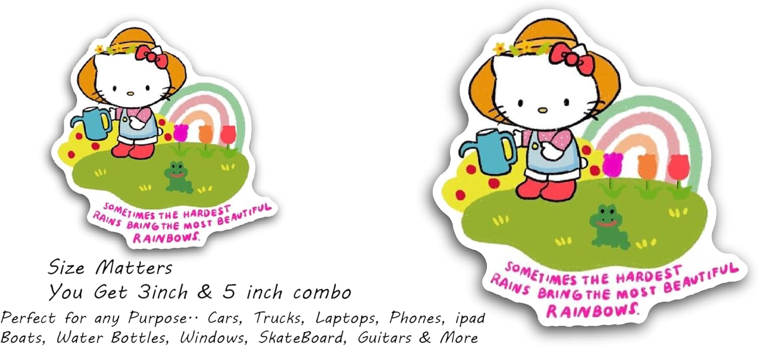 2 (Pieces) 3" and 5" Kitty with Hat and Flowers Sticker, Waterproof Vinyl Decals for Many Purpose Like Cars, Trucks, Laptops, Phones, Windows and More