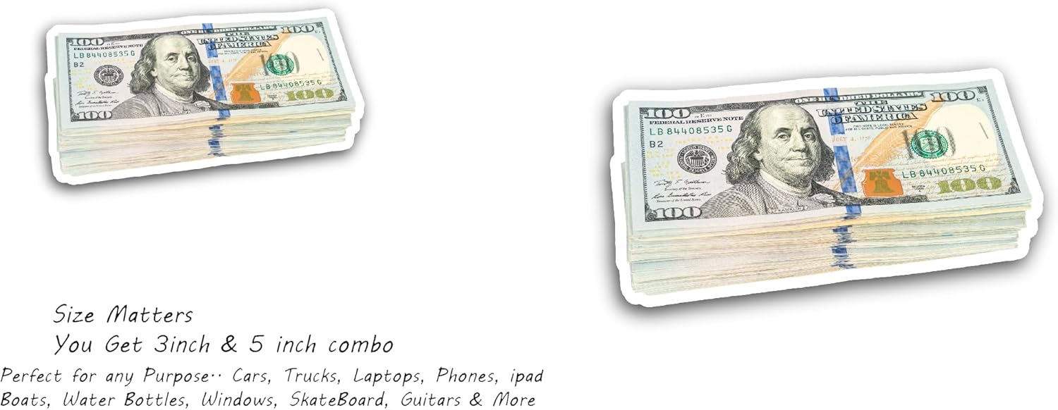 2 (Pieces) 3" and 5" Money Design Decals Sticker, Quality Waterproof Vinyl Decals for Many Purpose Like Cars, Trucks, Laptops, Phones, Windows and More