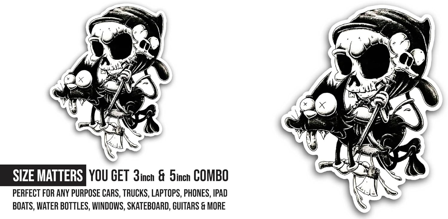 2 (Pieces) 3" and 5" Skull Art Sticker, Waterproof Vinyl Decals for Many Purpose Like Cars, Trucks, Laptops, Phones, Windows and More