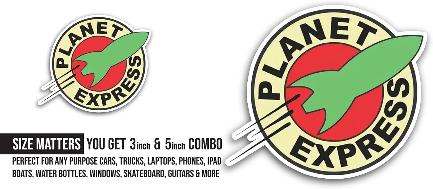 2 (Pieces) 3" and 5" Planet Express Sticker, Waterproof Vinyl Decals for Many Purpose Like Cars, Trucks, Laptops, Phones, Windows and More