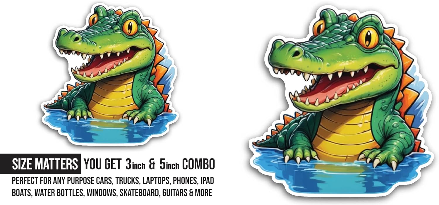 2 (Pieces) 3" and 5" Cartoon Crocodile Sticker, Waterproof Vinyl Decals for Many Purpose Like Cars, Trucks, Laptops, Phones, Windows and More