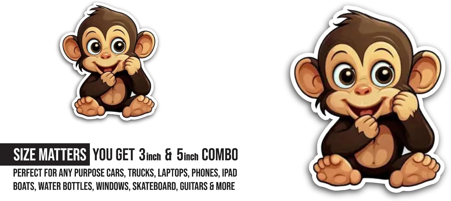 2 (Pieces) 3" and 5" Cute Cartoon Monkey Sticker, Waterproof Vinyl Decals for Many Purpose Like Cars, Trucks, Laptops, Phones, Windows and More