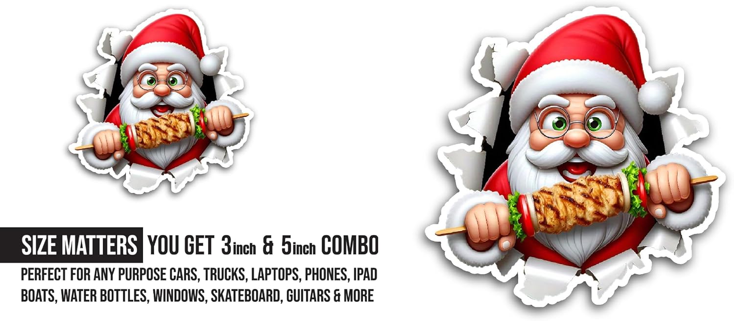 2 (Pieces) 3" and 5" Funny Santa Sticker, Waterproof Vinyl Decals for Many Purpose Like Cars, Trucks, Laptops, Phones, Windows and More