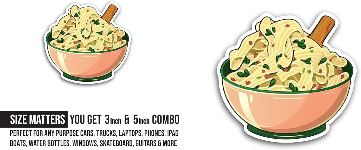 2 (Pieces) 3" and 5" Noodles in A Bowl Sticker, Waterproof Vinyl Decals for Many Purpose Like Cars, Trucks, Laptops, Phones, Windows and More
