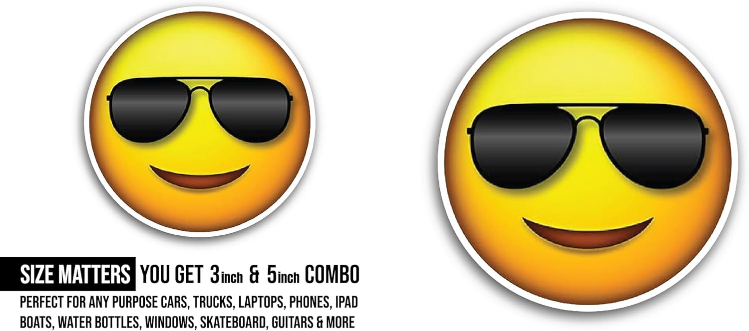 2 (Pieces) 3" and 5" Smiley Sunglasses Face Sticker, Waterproof Vinyl Decals for Many Purpose Like Cars, Trucks, Laptops, Phones, Windows and More