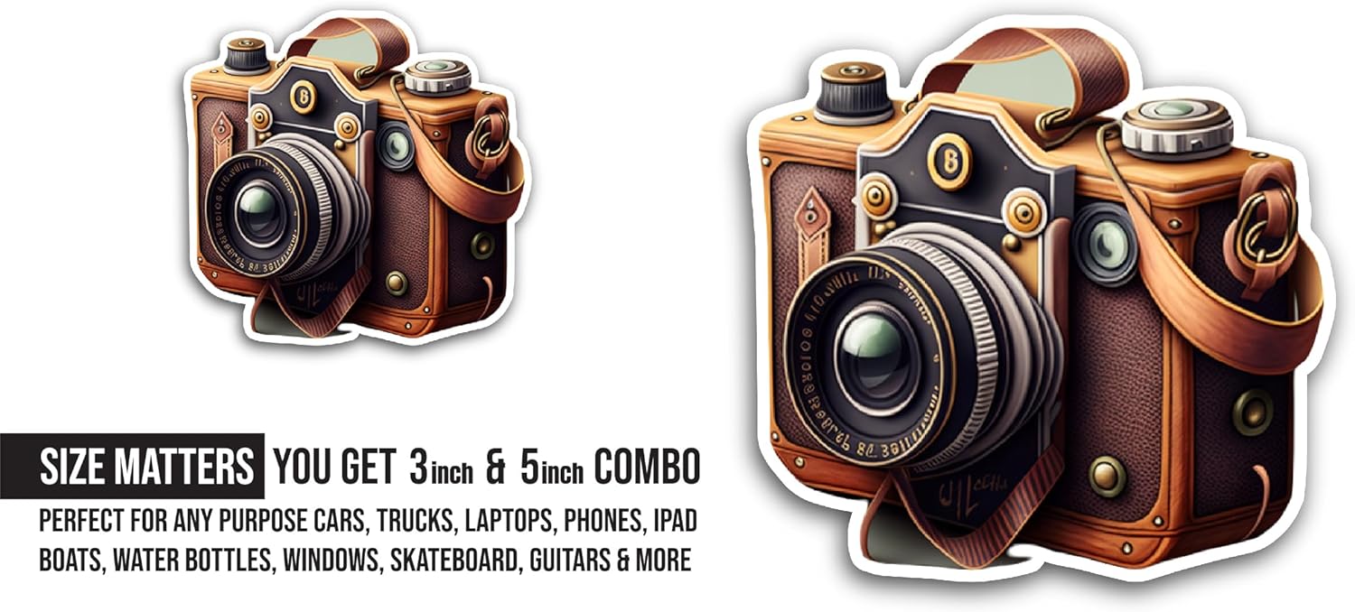 2 (Pieces) 3" and 5" Retro Style Camera Sticker, Waterproof Vinyl Decals for Many Purpose Like Cars, Trucks, Laptops, Phones, Windows and More