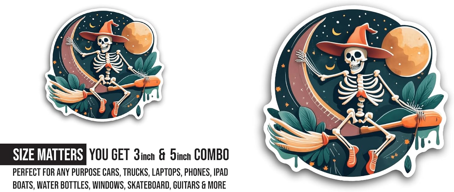 2 (Pieces) 3" and 5" Scary Skeleton Sticker, Waterproof Vinyl Decals for Many Purpose Like Cars, Trucks, Laptops, Phones, Windows and More