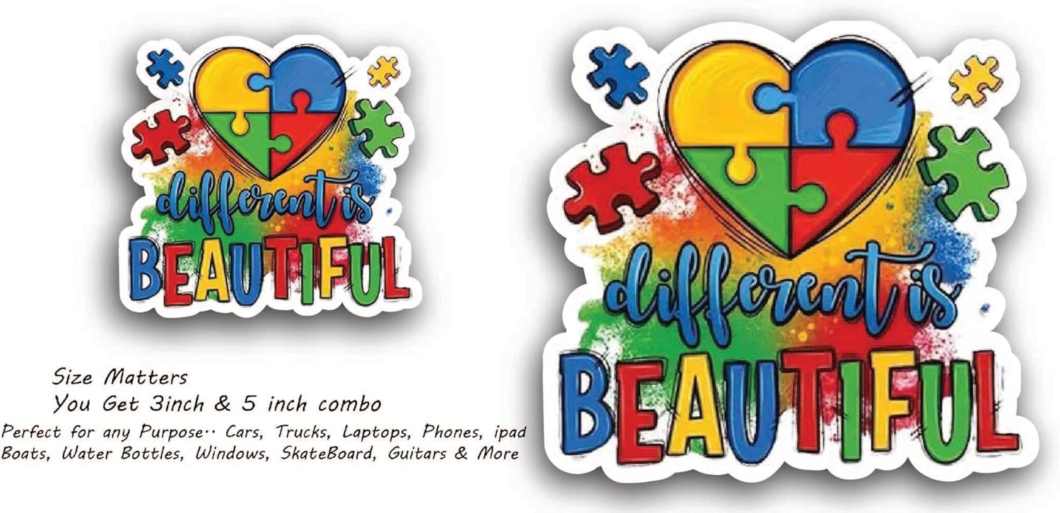 2 (Pieces) 3" and 5" Different is Beautiful Sticker, Waterproof Vinyl Decals for Many Purpose Like Cars, Trucks, Laptops, Phones, Windows and More