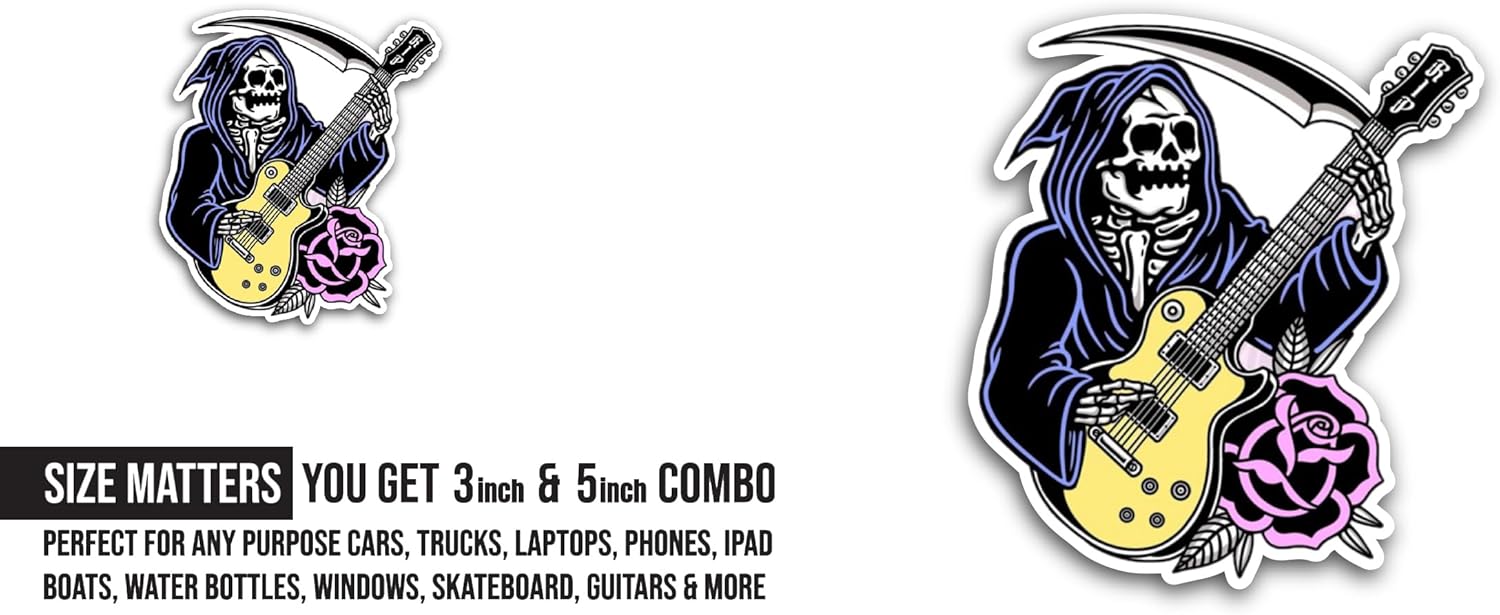 2 (Pieces) 3" and 5" Grim Reaper Playing Guitar Sticker, Waterproof Vinyl Decals for Many Purpose Like Cars, Trucks, Laptops, Phones, Windows and More