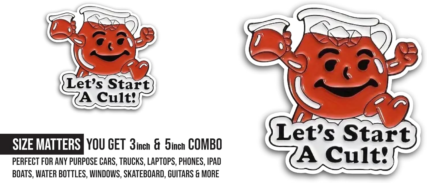 2 (Pieces) 3" and 5" Lets Start A Cult Sticker, Waterproof Vinyl Decals for Many Purpose Like Cars, Trucks, Laptops, Phones, Windows and More