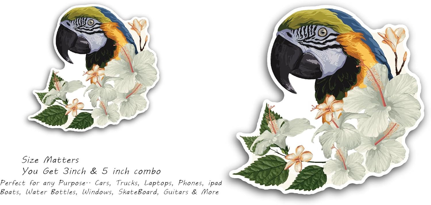 2 (Pieces) 3" and 5" Blue and Yellow Macaw Sticker, Waterproof Vinyl Decals for Many Purpose Like Cars, Trucks, Laptops, Phones, Windows and More