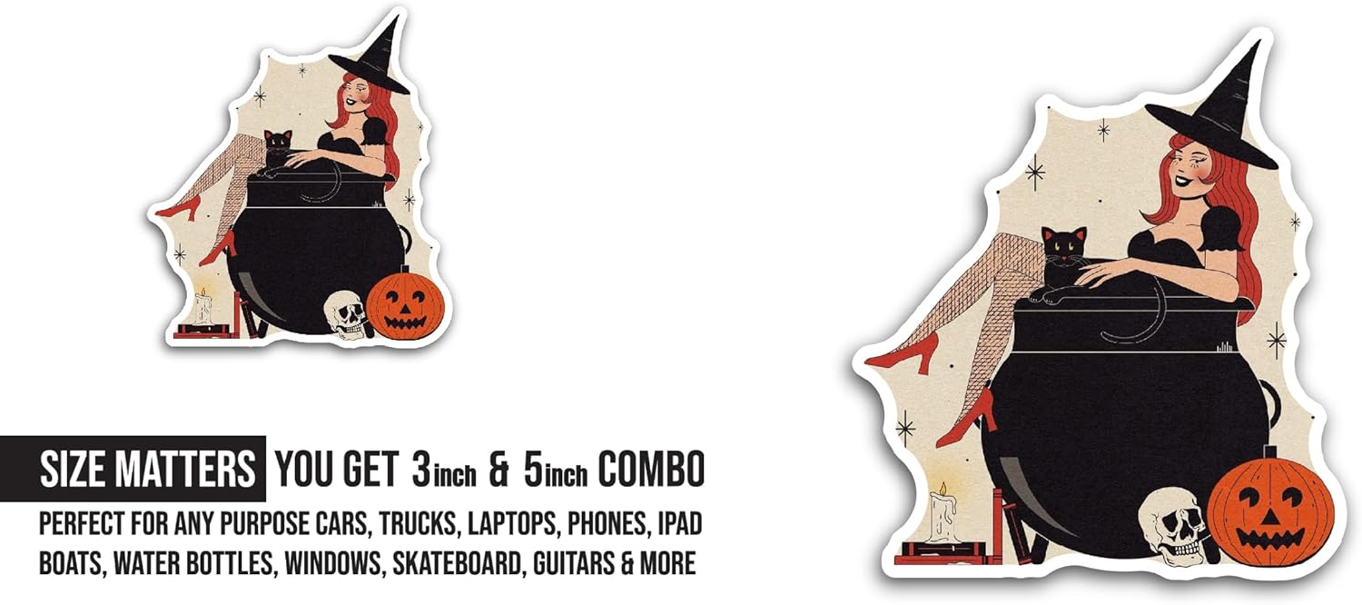 2 (Pieces) 3" and 5" Witch with Cat Sticker, Waterproof Vinyl Decals for Many Purpose Like Cars, Trucks, Laptops, Phones, Windows and More