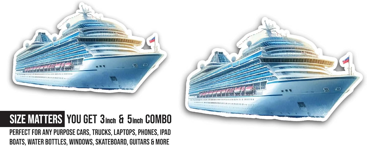 2 (Pieces) 3" and 5" Beautiful Cruise Ship Sticker, Waterproof Vinyl Decals for Many Purpose Like Cars, Trucks, Laptops, Phones, Windows and More