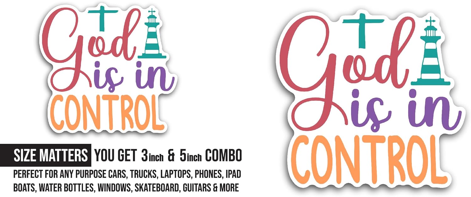 2 (Pieces) 3" and 5" God is in Control Sticker, Waterproof Vinyl Decals for Many Purpose Like Cars, Trucks, Laptops, Phones, Windows and More