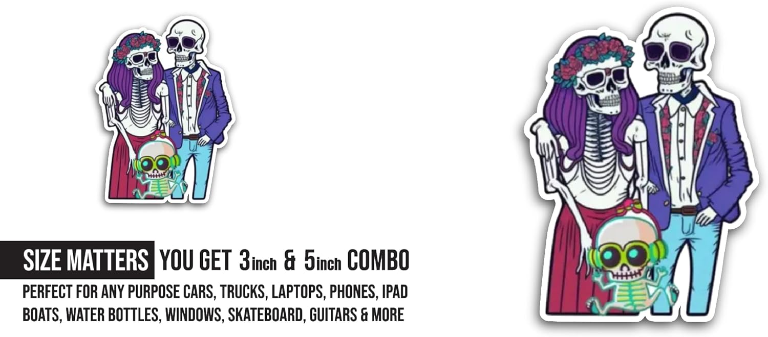 2 (Pieces) 3" and 5" Skeleton Family Sticker, Waterproof Vinyl Decals for Many Purpose Like Cars, Trucks, Laptops, Phones, Windows and More