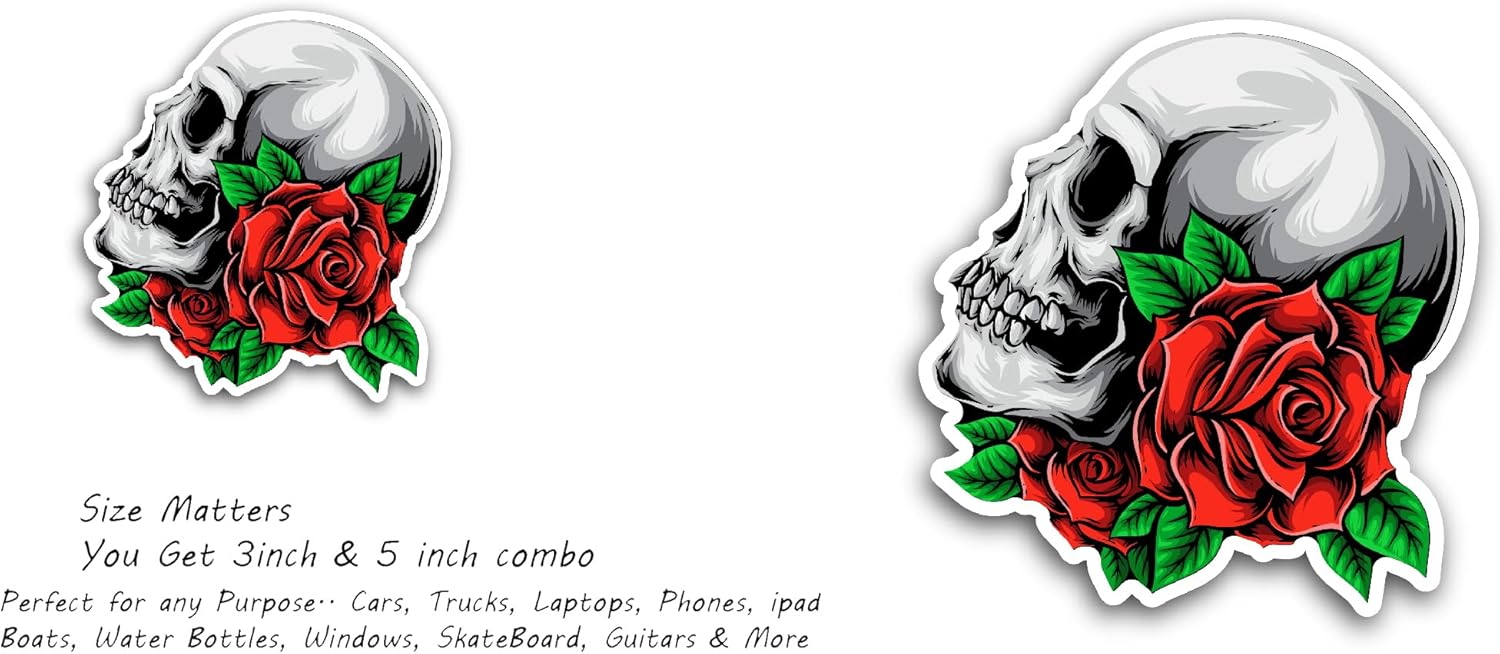 2 (Pieces) 3" and 5" Rose with Skull Sticker, Waterproof Vinyl Decals for Many Purpose Like Cars, Trucks, Laptops, Phones, Windows and More