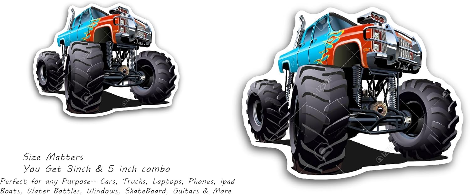 2 (Pieces) 3" and 5" Monster Truck Car Sticker, Waterproof Vinyl Decals for Many Purpose Like Cars, Trucks, Laptops, Phones, Windows and More