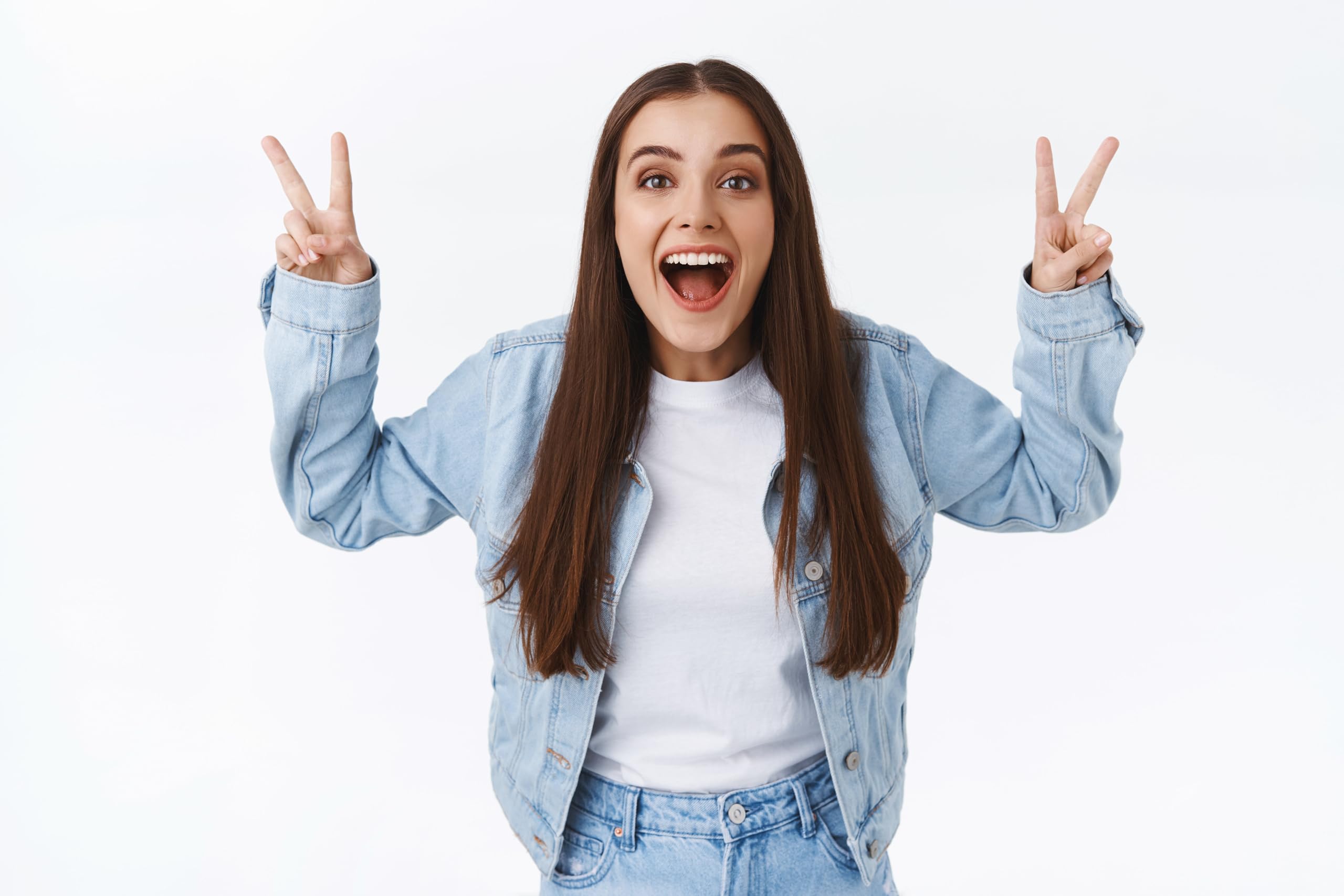 Positive, Optimistic Cute European Woman Showing Peace or Victory Signs Sticker - 5" Vinyl Sticker W