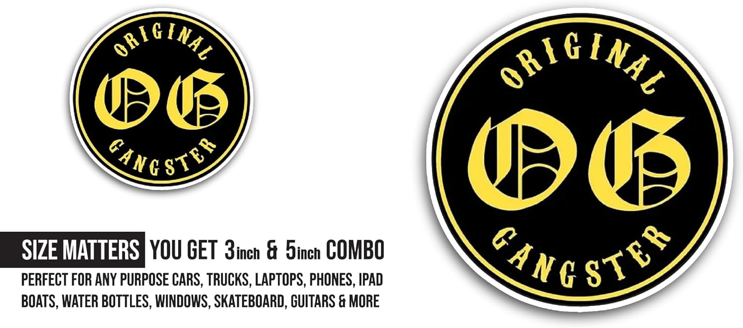 2 (Pieces) 3" and 5" Original Gangster Text Sticker, Waterproof Vinyl Decals for Many Purpose Like Cars, Trucks, Laptops, Phones, Windows and More