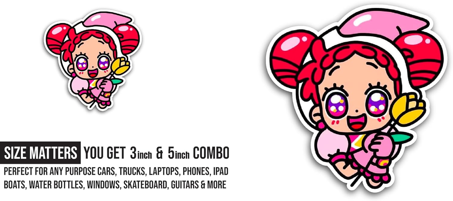 2 (Pieces) 3" and 5" Pink Cartoon Girl Sticker, Waterproof Vinyl Decals for Many Purpose Like Cars, Trucks, Laptops, Phones, Windows and More