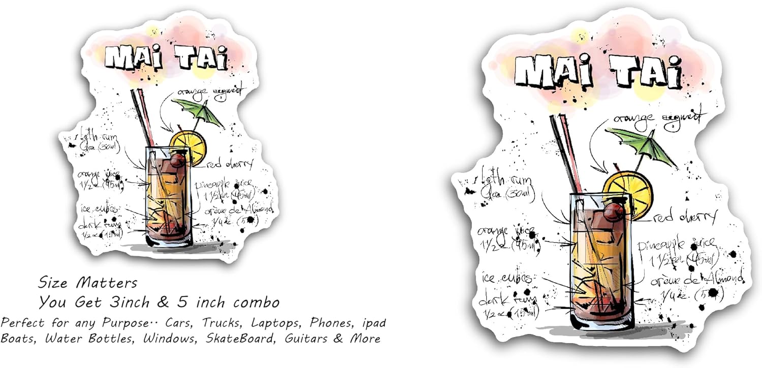 2 (Pieces) 3" and 5" Mai Tai Cocktail Sticker, Waterproof Vinyl Decals for Many Purpose Like Cars, Trucks, Laptops, Phones, Windows and More