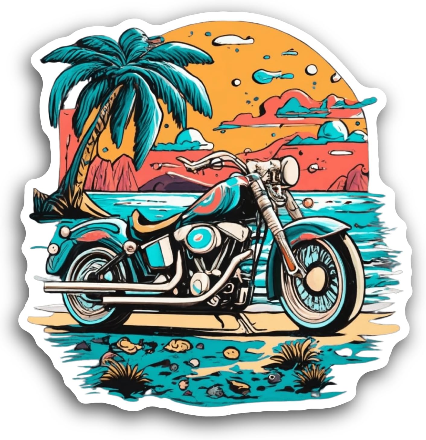2 (Pieces) 3" and 5" Motorbike in Front of A Beach Sticker, Waterproof Vinyl Decals for Many Purpose Like Cars, Trucks, Laptops, Phones, Windows and More