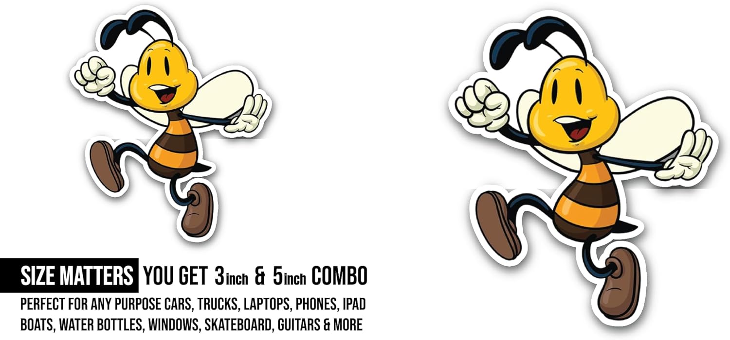 2 (Pieces) 3" and 5" Smiling Bee Sticker, Waterproof Vinyl Decals for Many Purpose Like Cars, Trucks, Laptops, Phones, Windows and More