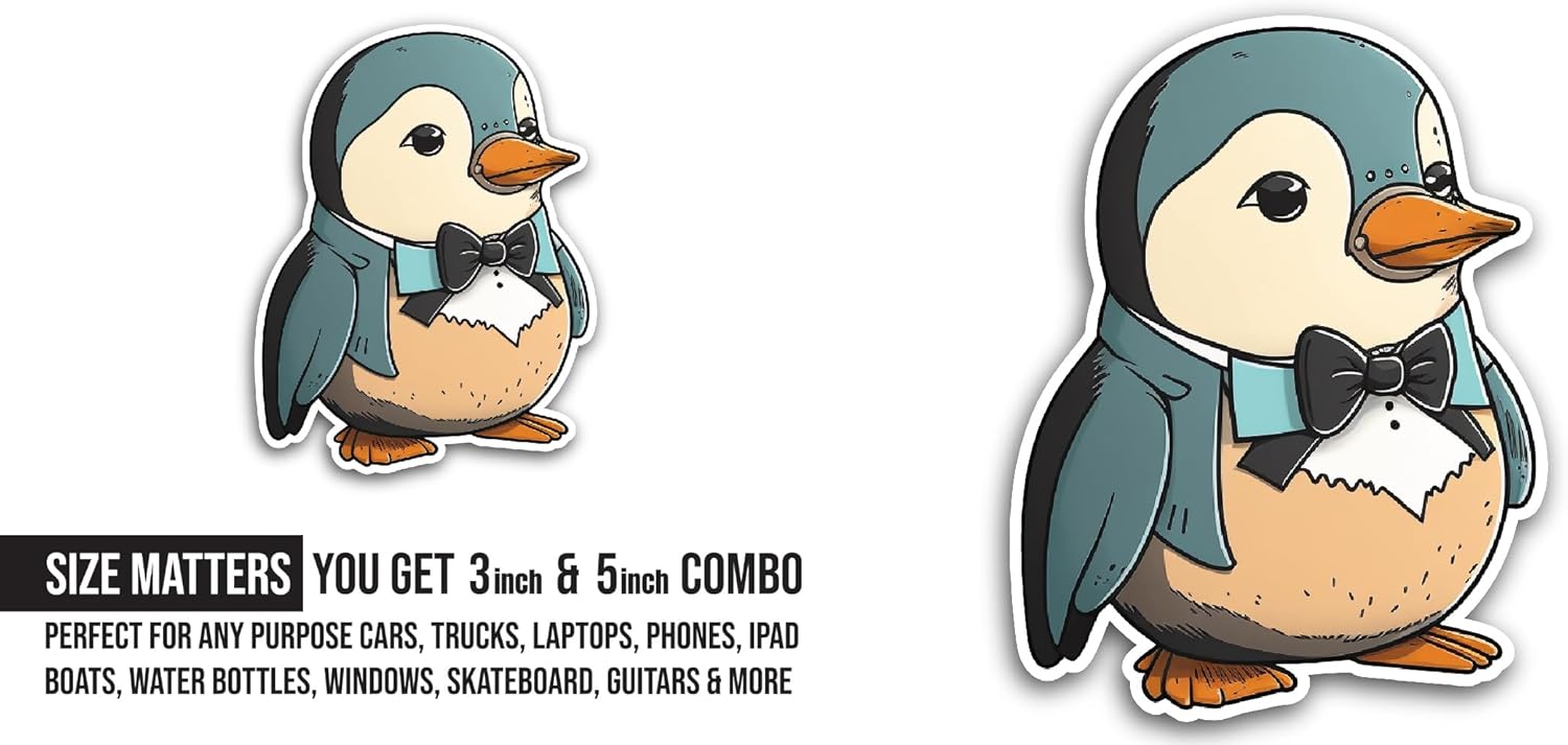 2 (Pieces) 3" and 5" Cute Penguin Sticker, Waterproof Vinyl Decals for Many Purpose Like Cars, Trucks, Laptops, Phones, Windows and More