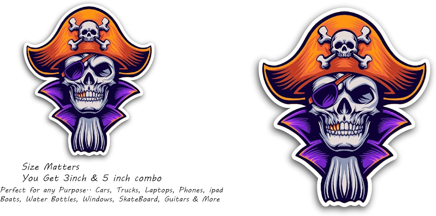 2 (Pieces) 3" and 5" Skull Pirate Sticker, Waterproof Vinyl Decals for Many Purposes Like Cars, Trucks, Laptops, Phones, Windows, and More
