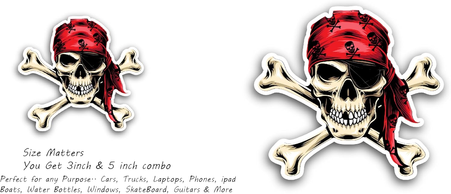 2 (Pieces) 3" and 5" Pirates Skull Head Sticker, Waterproof Vinyl Decals for Many Purpose Like Cars, Trucks, Laptops, Phones, Windows and More