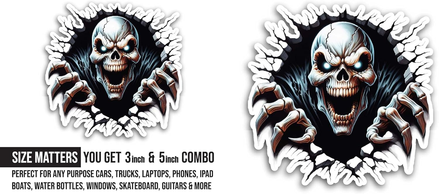 2 (Pieces) 3" and 5" Black and White Skull Sticker, Waterproof Vinyl Decals for Many Purpose Like Cars, Trucks, Laptops, Phones, Windows and More