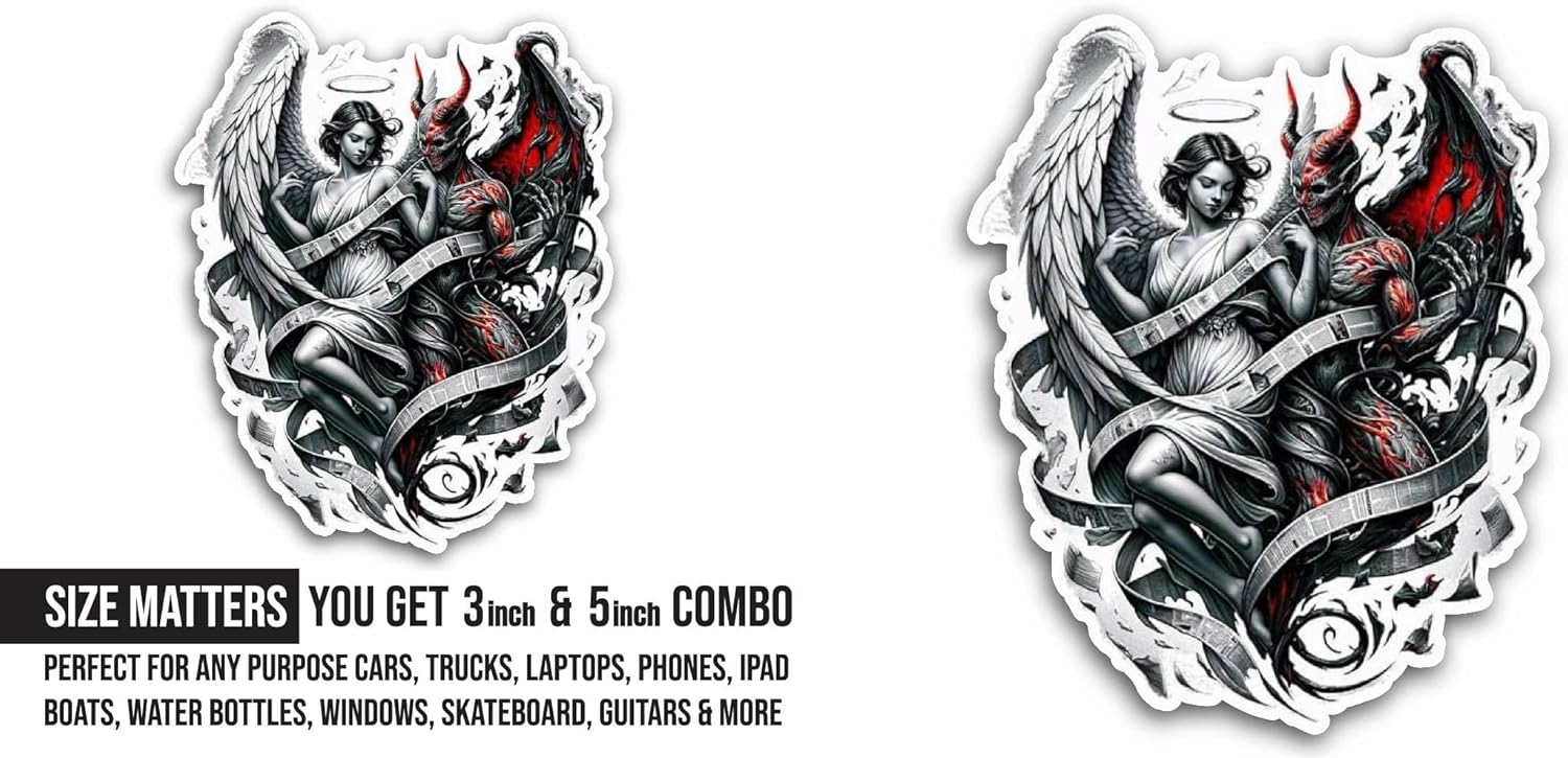 2 (Pieces) 3" and 5" Angel and Devil Sticker, Waterproof Vinyl Decals for Many Purpose Like Cars, Trucks, Laptops, Phones, Windows and More