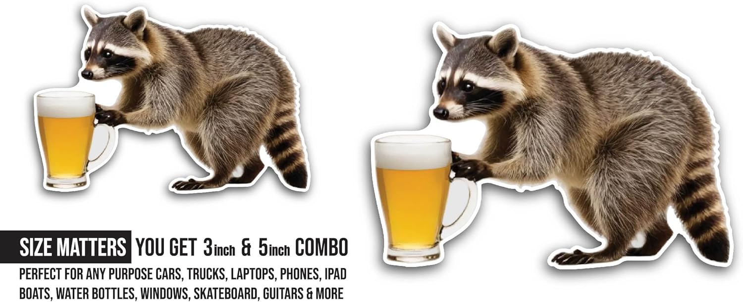 2 (Pieces) 3" and 5" Raccoon with Beer Sticker, Waterproof Vinyl Decals for Many Purpose Like Cars, Trucks, Laptops, Phones, Windows and More
