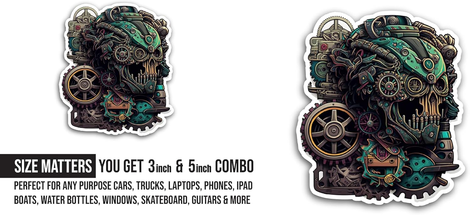 2 (Pieces) 3" and 5" Robot Skull Sticker, Waterproof Vinyl Decals for Many Purpose Like Cars, Trucks, Laptops, Phones, Windows and More