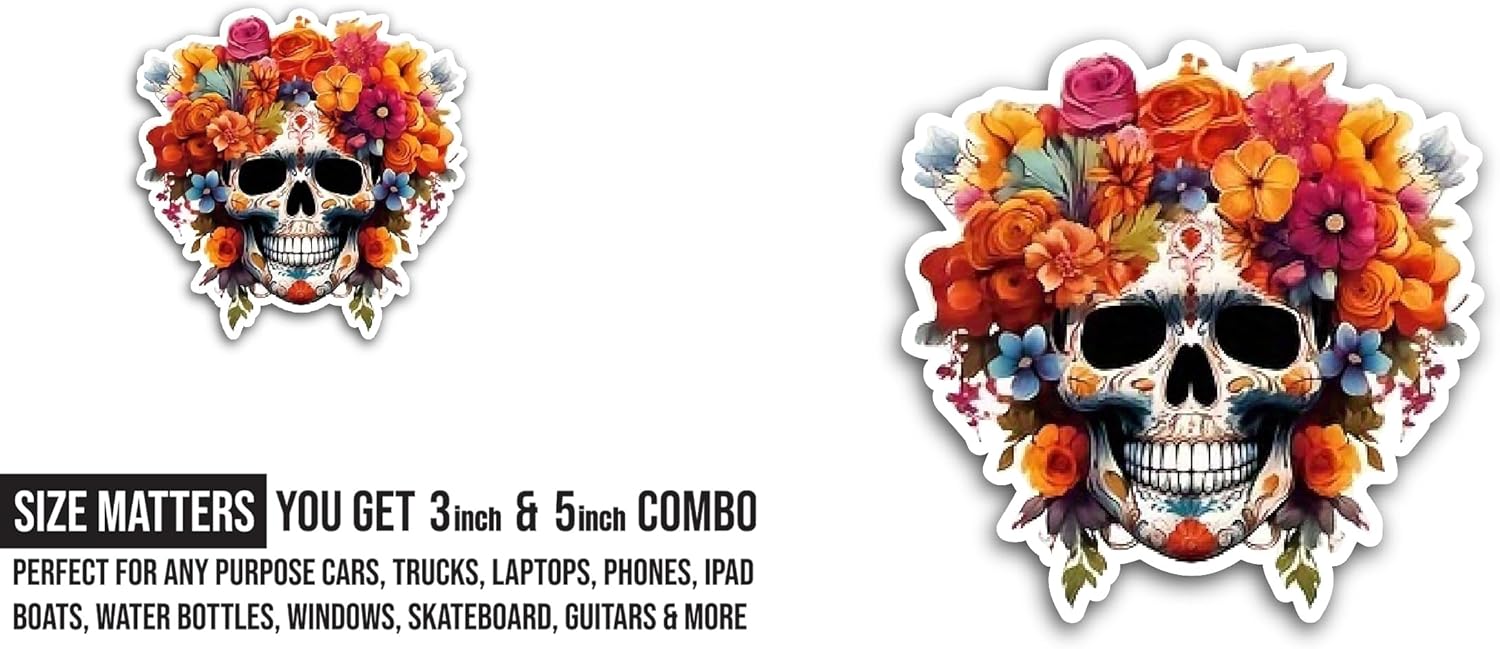 2 (Pieces) 3" and 5" Colorful Sugar Skull Sticker, Waterproof Vinyl Decals for Many Purpose Like Cars, Trucks, Laptops, Phones, Windows and More