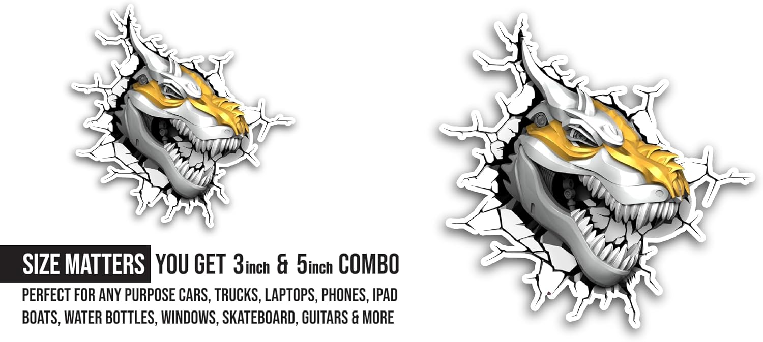 2 (Pieces) 3" and 5" Yellow Dinosaur Head Sticker, Waterproof Vinyl Decals for Many Purpose Like Cars, Trucks, Laptops, Phones, Windows and More